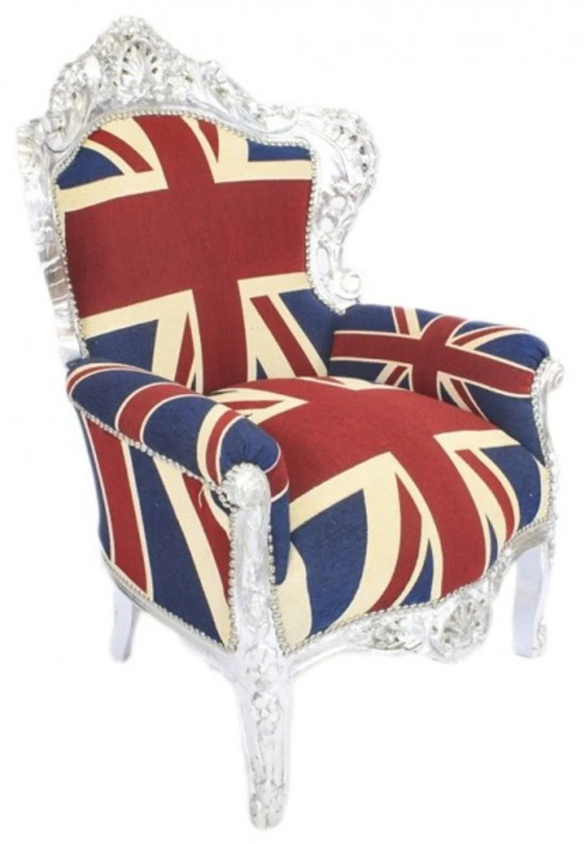 Barock Sessel King Englische Flagge Union Jack / Silber - Barock England Sessel