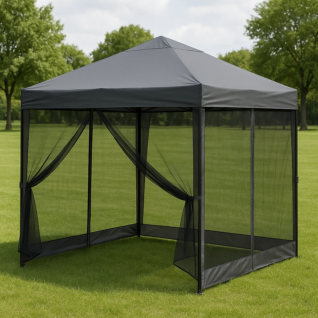 Pergola mit Maschengewebewänden, grau, Metall und Stoff, für den Außenbereich, 300 x 300 x 250 cm