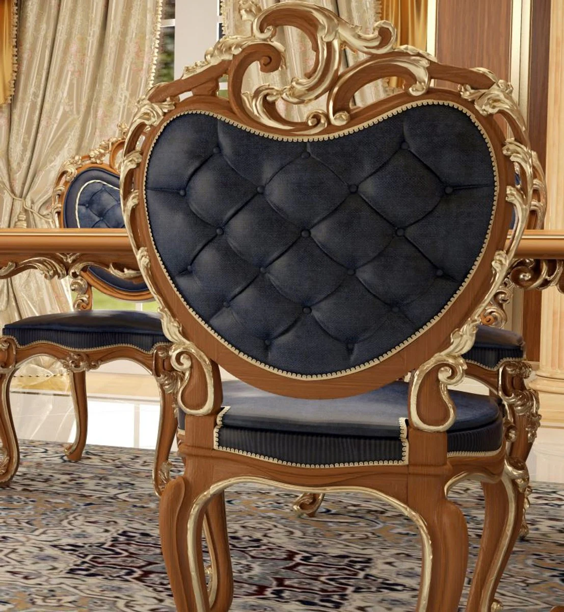 Luxury Baroque Dining Room Chair Set Dark Blue / Brown / Gold 57 x 62 x H. 105 cm - Magnificent Kitchen Chairs Set of 6 - Hotel Restaurant Castle Furniture - Luxury Quality - Made in Italy