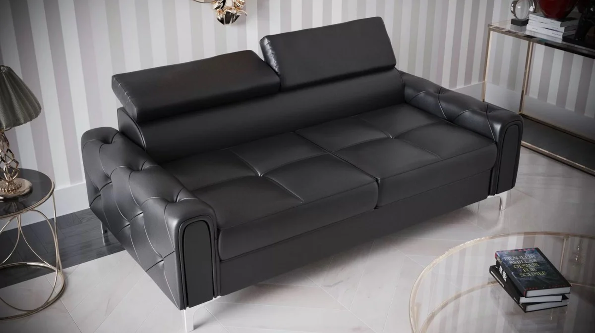 Luxury leather sofa black / silver 185 x 97 x H. 78-99 cm - natural leather living room sofa with adjustable headrests - living room furniture - leather furniture - luxury furniture