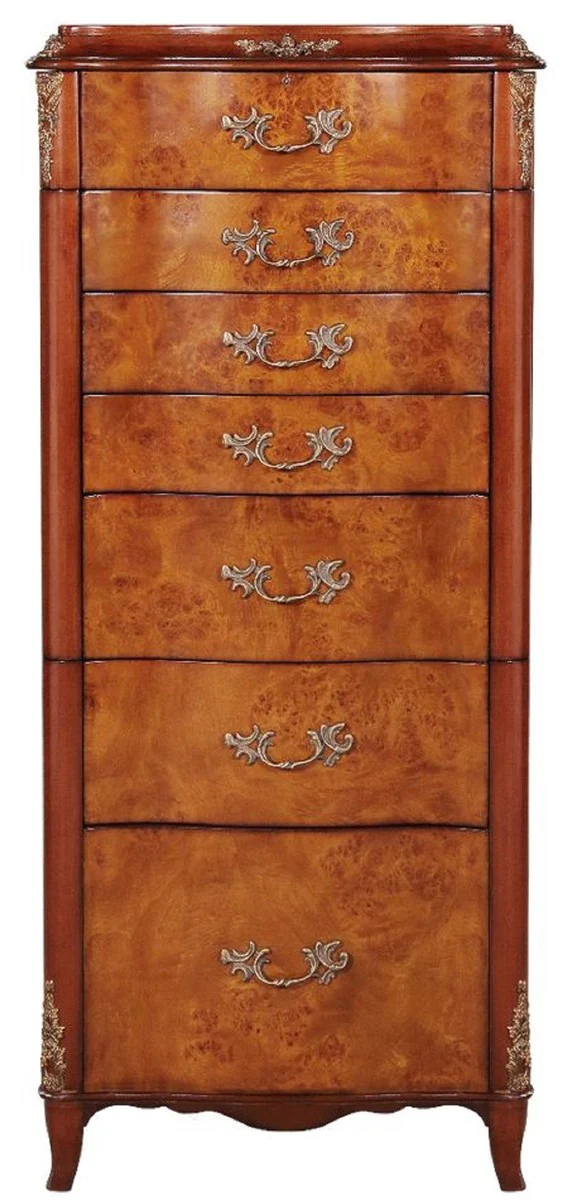 Luxury baroque jewelry chest of drawers light brown / brown / silver 56 x 36 x H. 128 cm - Noble solid wood chest of drawers with mirror - Baroque style jewelry cabinet - Baroque furniture