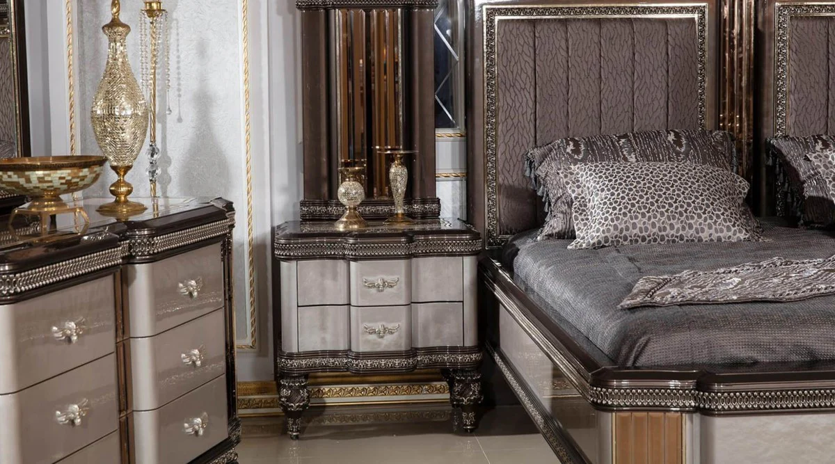 Luxury Baroque Double Bed Gray / Dark Brown / Gold - Magnificent Solid Wood Bed - Luxury Bedroom Furniture in Baroque Style - Baroque Bedroom Furniture