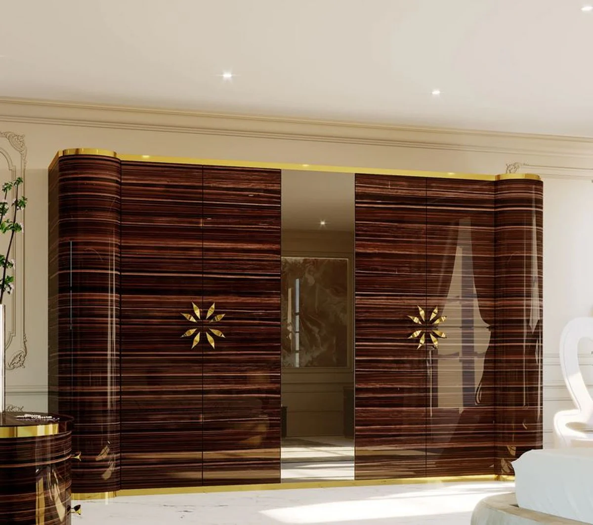 Luxury designer bedroom wardrobe high gloss brown / gold 285 x 62 x H. 250 cm - Elegant solid wood wardrobe with 4 doors - Hotel furniture - Luxury quality - Made in Italy