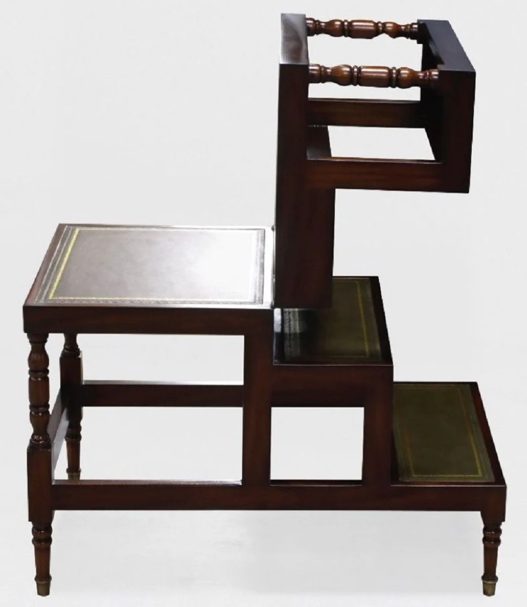 Luxury Art Nouveau coffee table dark brown / green / gold - fold-out solid wood library stairs with real leather - Art Nouveau living room furniture - noble & magnificent