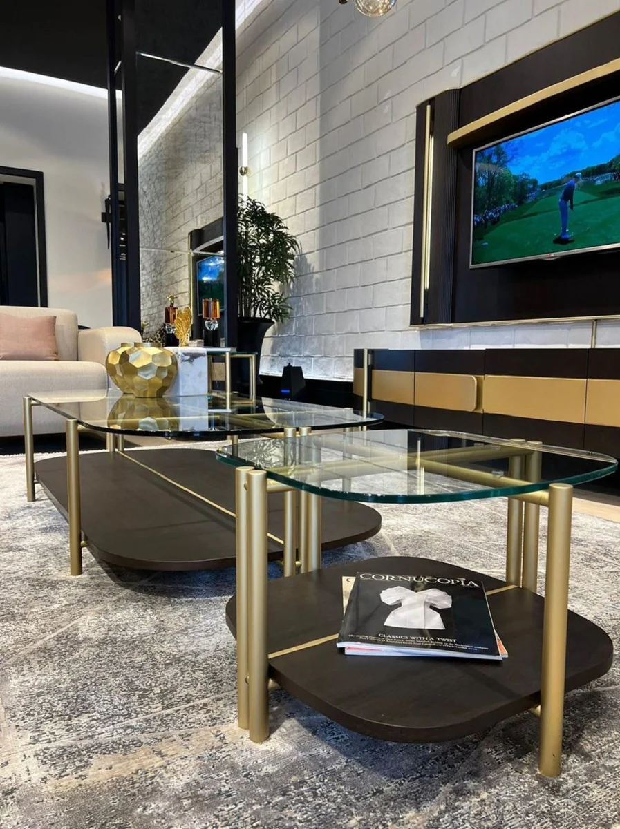 Luxury coffee table dark brown / brass 155 x 75 x H. 35 cm - Living room table with glass top - Living room furniture - Hotel furniture - Luxury furniture - Luxury furnishings