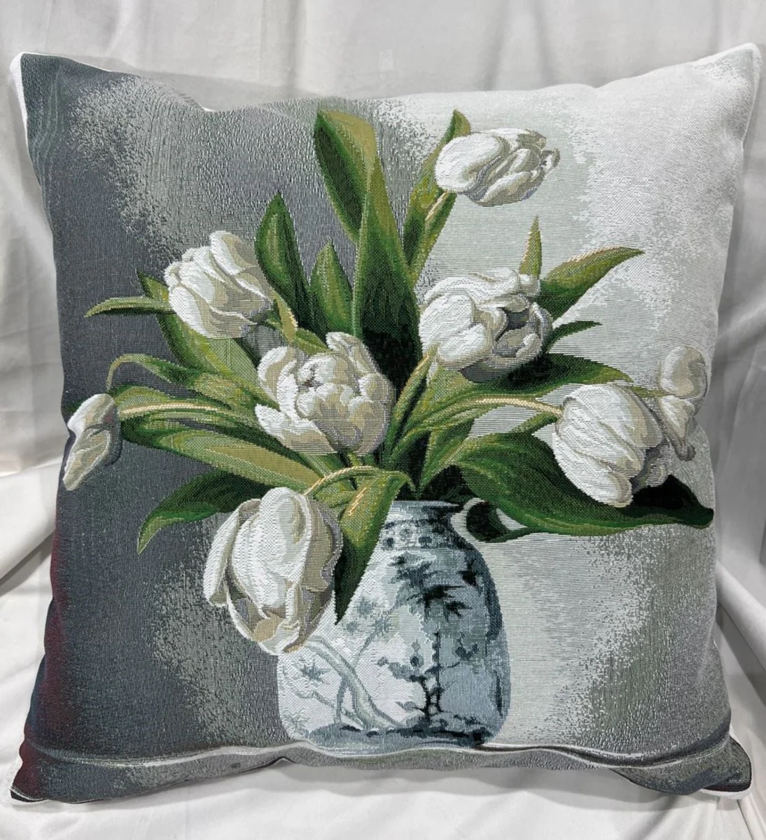 Luxury decorative cushion flowers with vase gray / white / multicolored 45 x 45 cm - printed decorative cushion with elegant tapestry fabric - luxury decorative accessories
