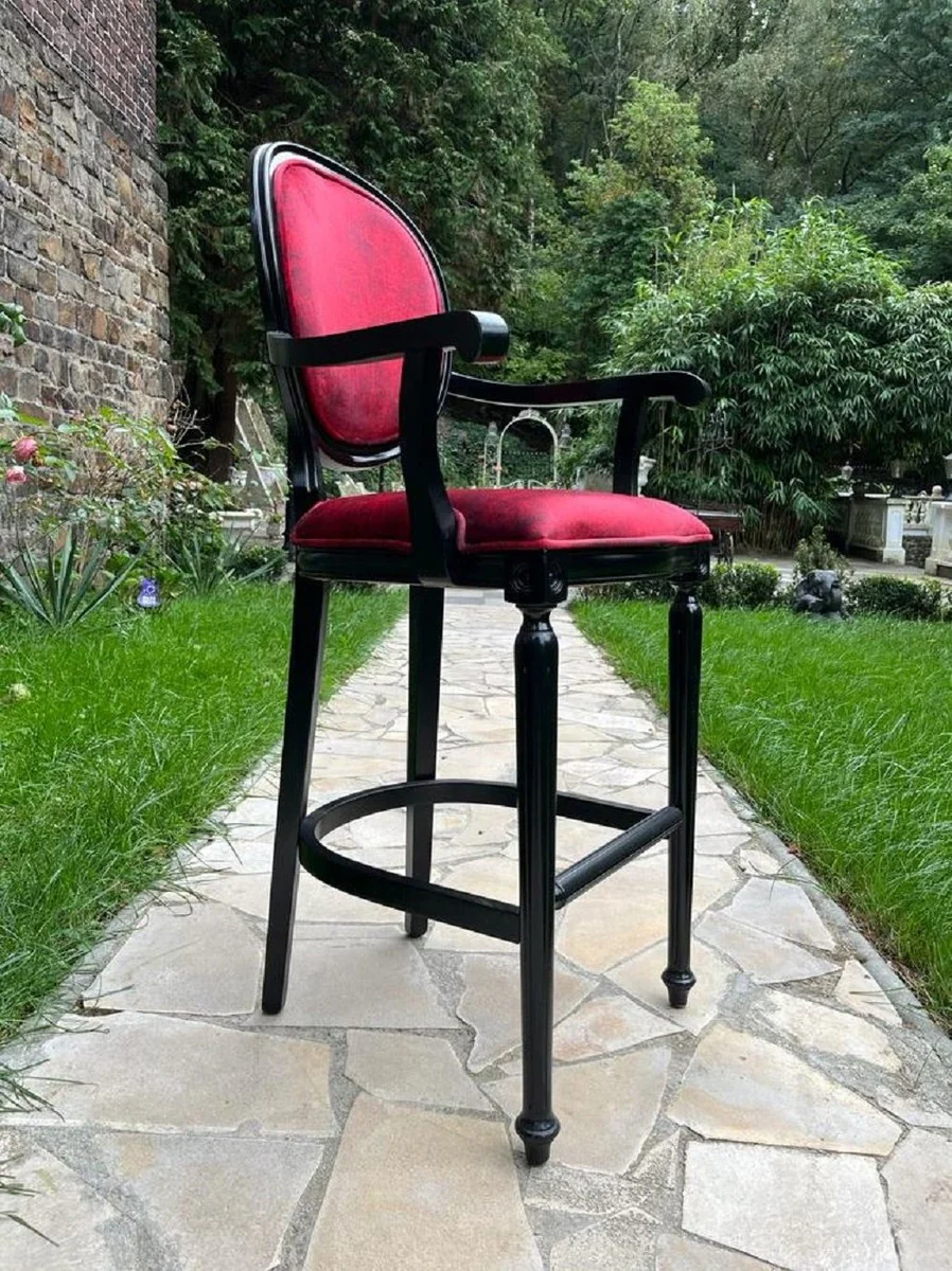 Baroque bar chair with armrests Bordeaux red / black - magnificent baroque style solid wood bar stool with elegant velvet fabric - baroque bar furniture