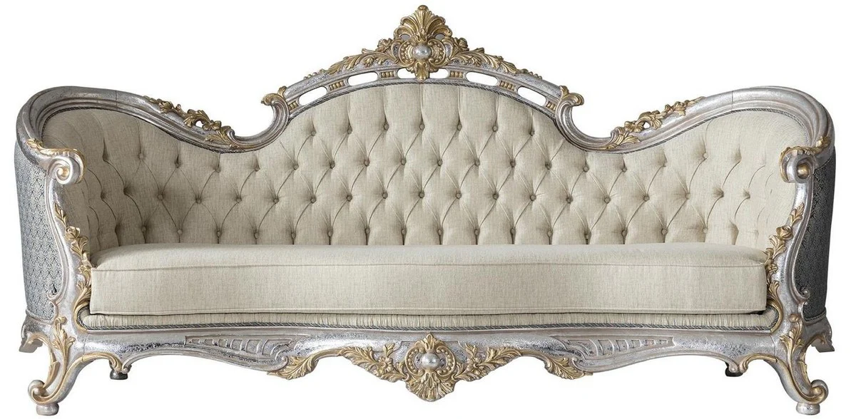 Luxury baroque living room sofa with decorative cushions cream / blue / silver / gold 250 x 95 x H. 125 cm - noble & magnificent