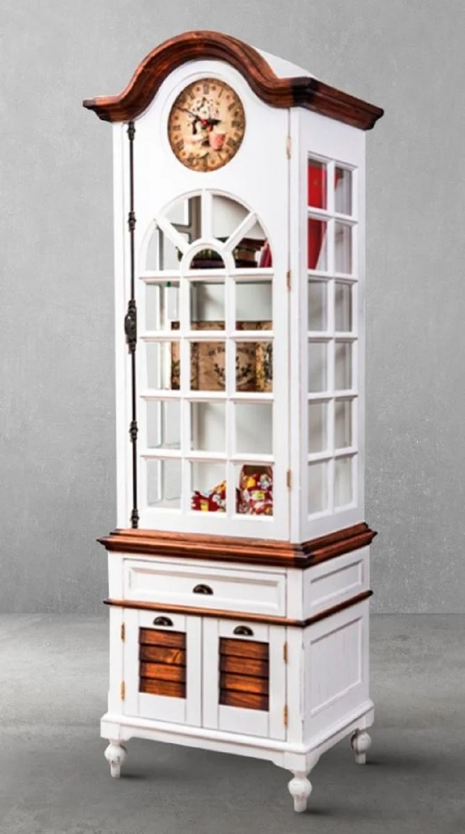 Luxury country house style cabinet with clock antique white / brown 73 x 50.5 x H. 213 cm - country house style dining room cabinet - country house style display cabinet - country house style dining room furniture