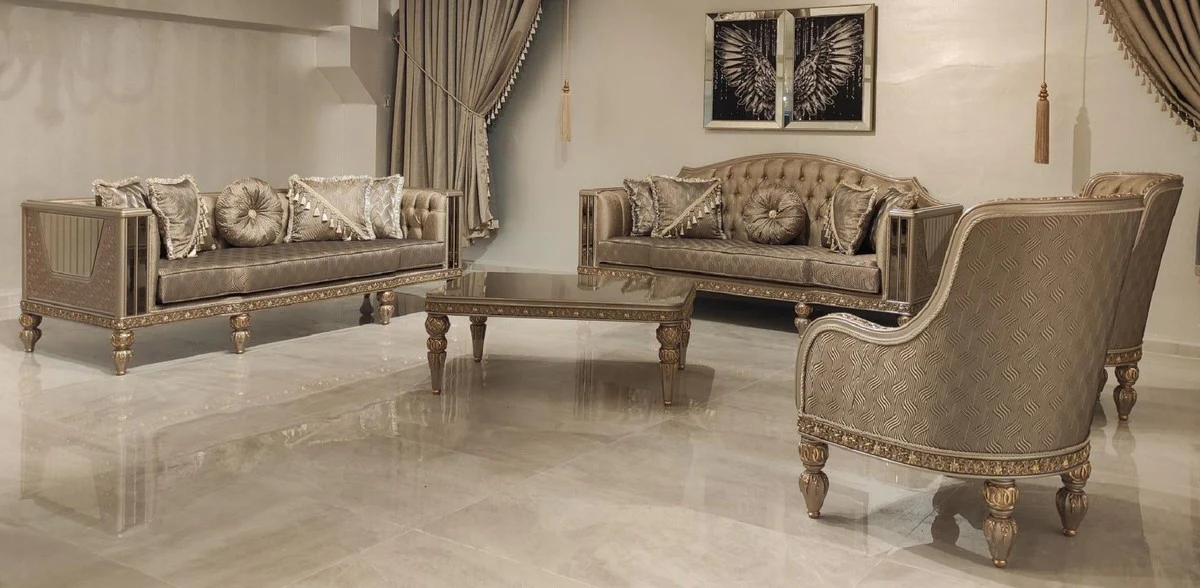 Luxus Barock Wohnzimmer Set Gold / Grau / Gold - 2 Barock Sofas & 2 Barock Sessel & 1 Barock Couchtisch - Luxus Wohnzimmer Möbel im Barockstil - Barock Möbel - Edel & Prunkvoll