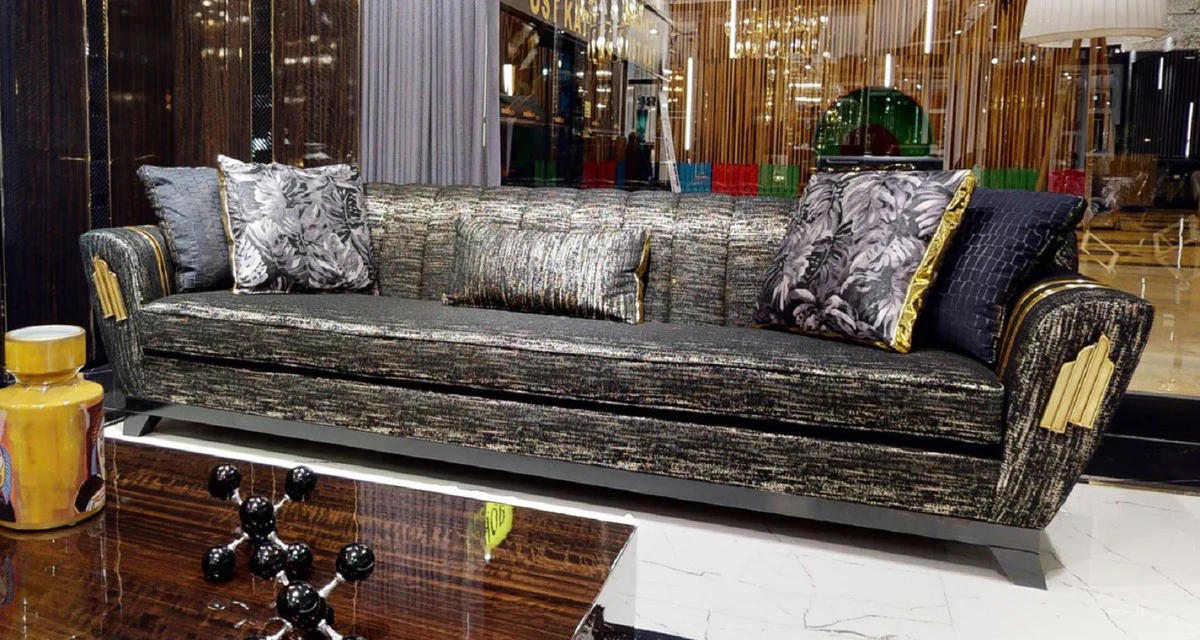 Luxury sofa black / gold 280 x 77 x H. 94 cm - living room sofa - hotel sofa - living room furniture - hotel furniture - luxury furniture - living room furnishings - luxury furnishings