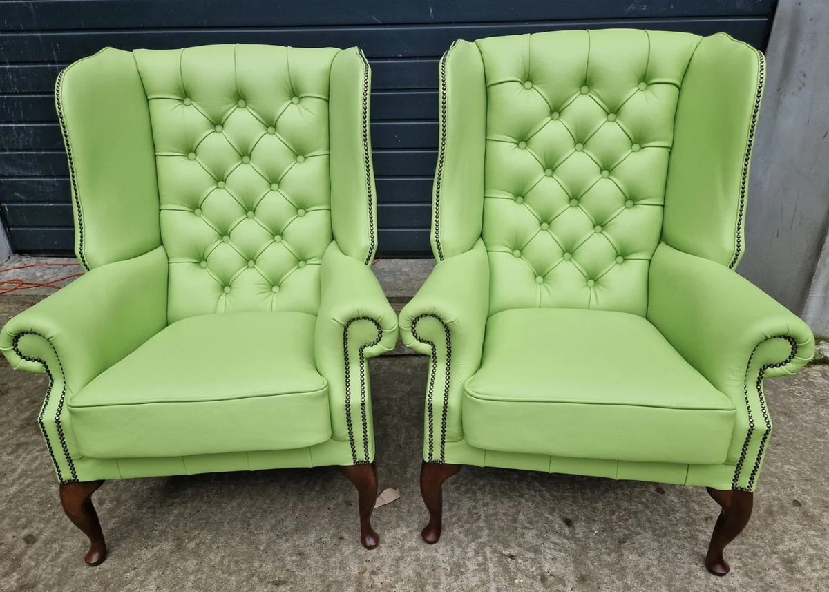 Luxury Chesterfield genuine leather wing chair light green / dark brown H. 110 cm
