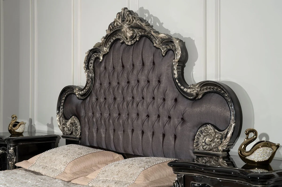 Luxury Baroque Double Bed Anthracite Gray / Black / Silver - Magnificent Solid Wood Bed - Luxury Bedroom Furniture in Baroque Style - Baroque Bedroom Furniture - Noble & Magnificent