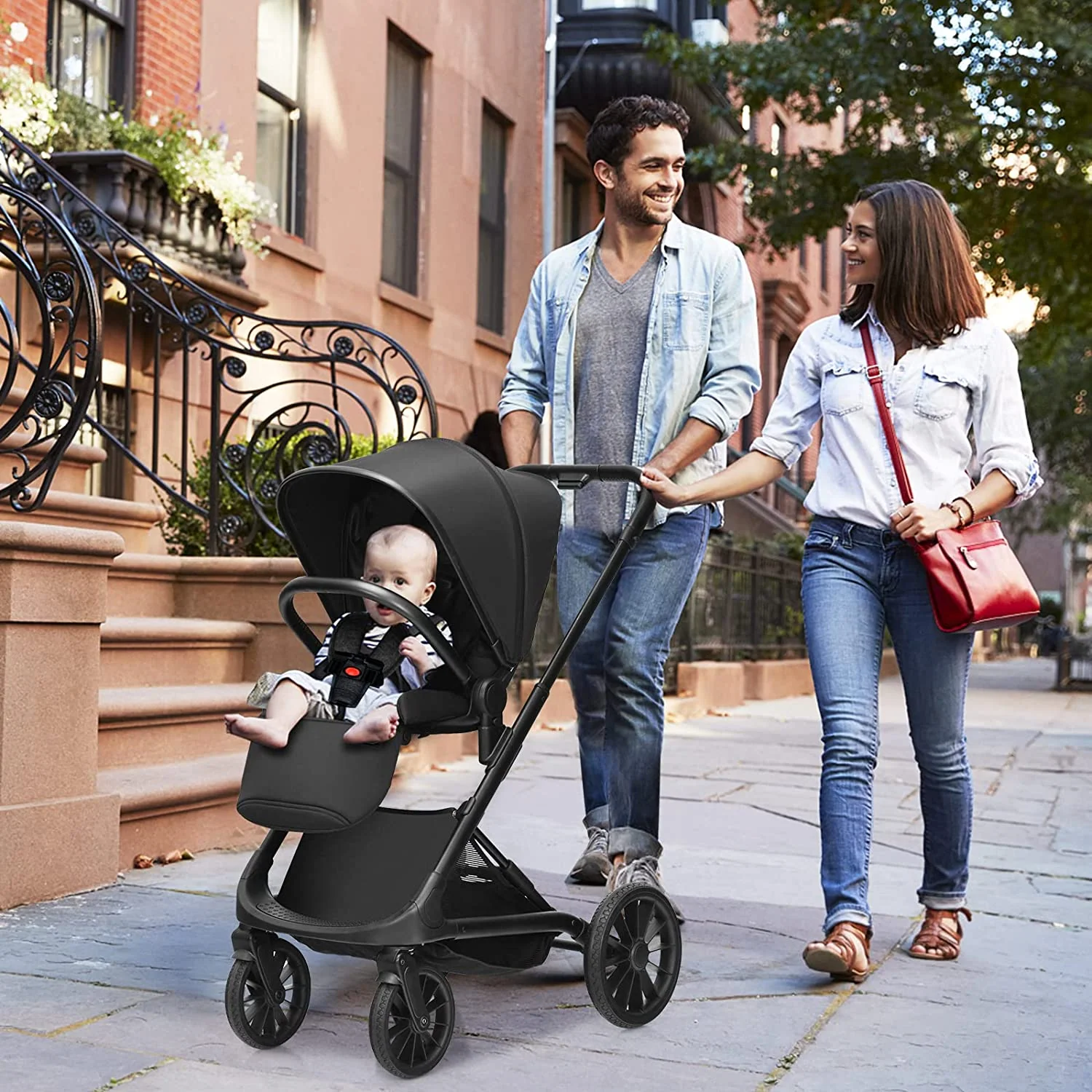 Kinderwagen, umkehrbarer Stubenwagen für Neugeborene, einhändig faltbarer, schnell zusammenklappbarer Kinderwagen mit Aluminiumrahmen, verstellbarem Verdeck, 5-Punkt-Sicherheitsgurt für Säuglinge und Kleinkinder (schwarz)