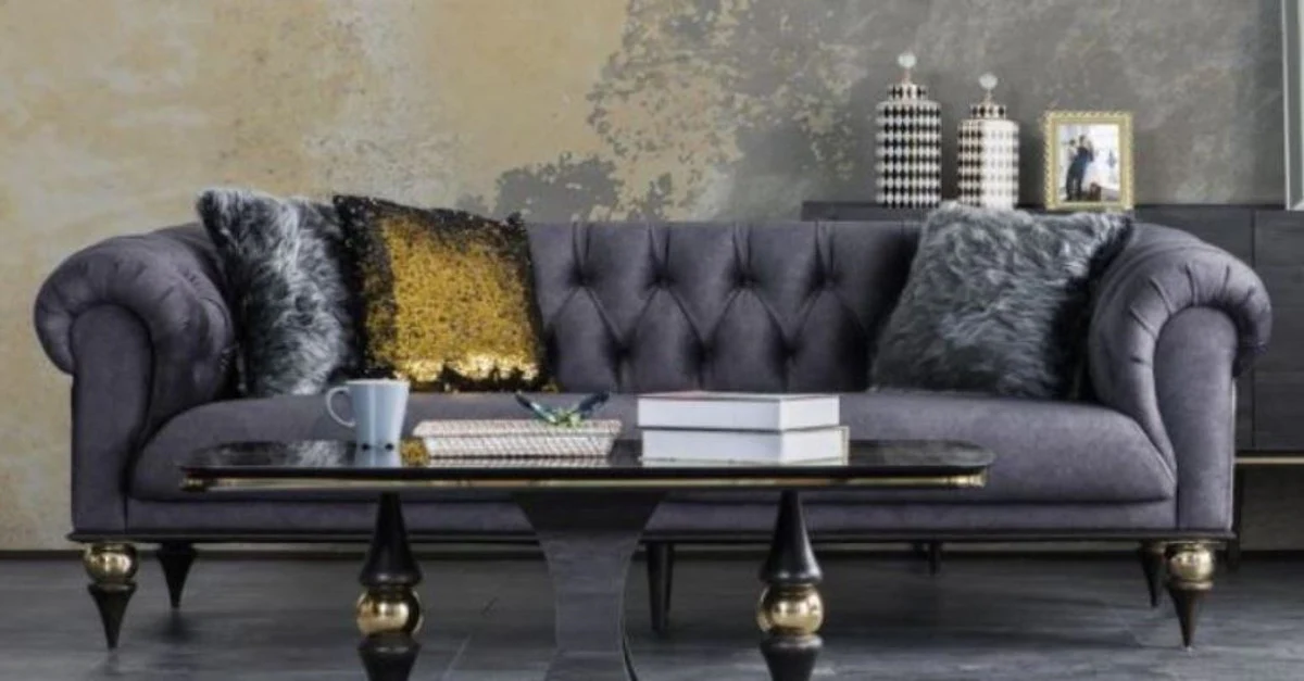 Luxury Art Deco Chesterfield living room sofa dark gray / black / brass 230 x 100 x H. 82 cm - Luxury Furniture