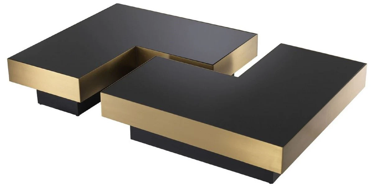 Luxury coffee table set brass / black - 2 L-shaped living room tables with 2 square trays - Living room furniture - Luxury collection