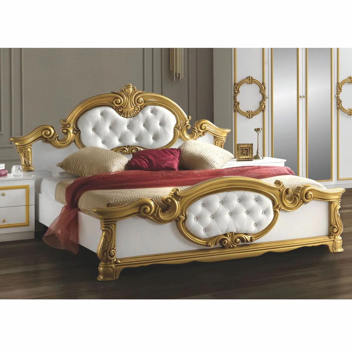 Luxury Baroque Double Bed White / Gold - Baroque style bedroom furniture