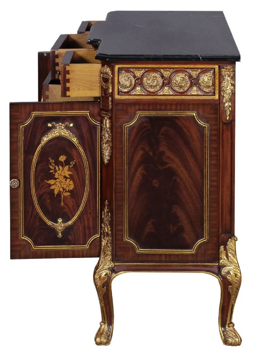 Luxury baroque solid wood chest of drawers with marble top dark brown / gold / black - magnificent baroque furniture