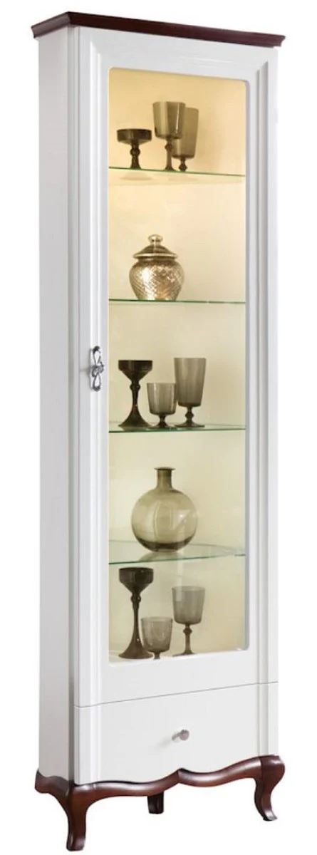 Luxury Art Deco display cabinet white / dark brown 64 x 52.1 x H. 209.5 cm - Illuminated living room cabinet with glass door and drawer - Living room furniture