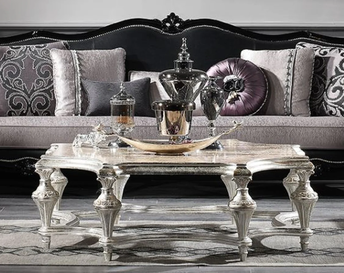 Luxury baroque coffee table antique silver 134 x 134 x H. 46 cm - magnificent solid wood living room table - luxury quality