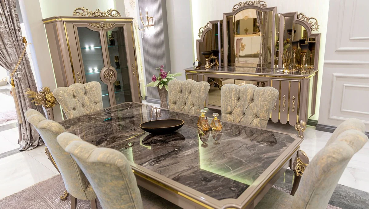 Luxury baroque dining room set green / gold / gray - 1 dining table & 6 dining chairs - Magnificent dining room furniture in baroque style - luxury quality