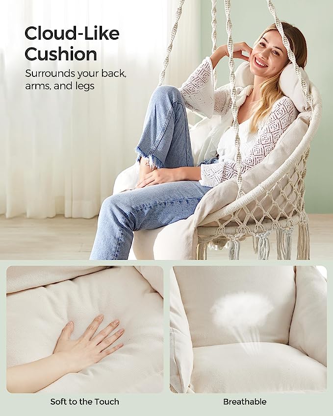SONGMICS Hammock Chair, Hanging Chair with Large Thick Cushion, Boho Swing Chair for Bedroom, Patio, Balcony, Garden, Living Room, Holds up to 264lb, Cloud White UGDC042M01