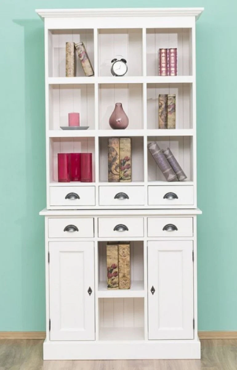 Country house style cabinet white 97 x 40 x H. 210 cm - solid wood shelf cabinet with 2 doors and 6 drawers - furniture in country house style