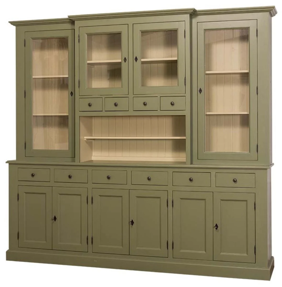 Country house style kitchen cabinet green / beige 244 x 45 x H. 225 cm - 2-part kitchen cabinet with 10 doors and 10 drawers