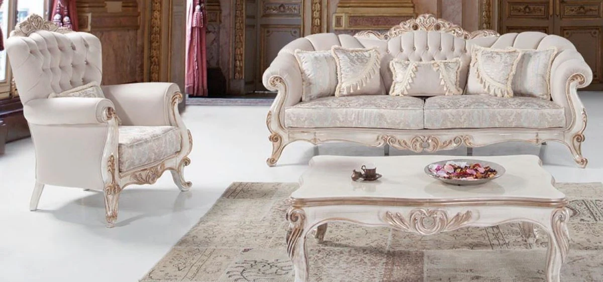 Luxus Barock Wohnzimmer Set Hellgrau / Weiß / Antik Bronze - 2 Sofas & 2 Sessel & 1 Couchtisch - Wohnzimmer Möbel im Barockstil - Edel & Prunkvoll