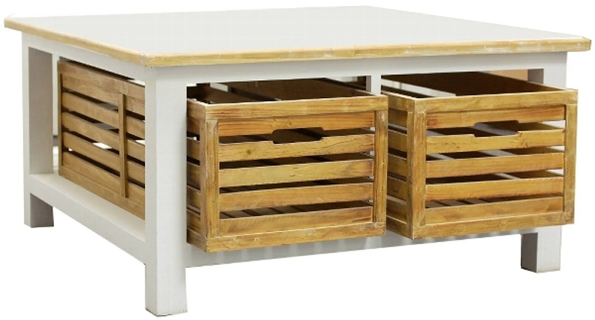 Country house style coffee table white / natural colors 90 x 90 x H. 47 cm - handmade living room table with 2 wooden baskets