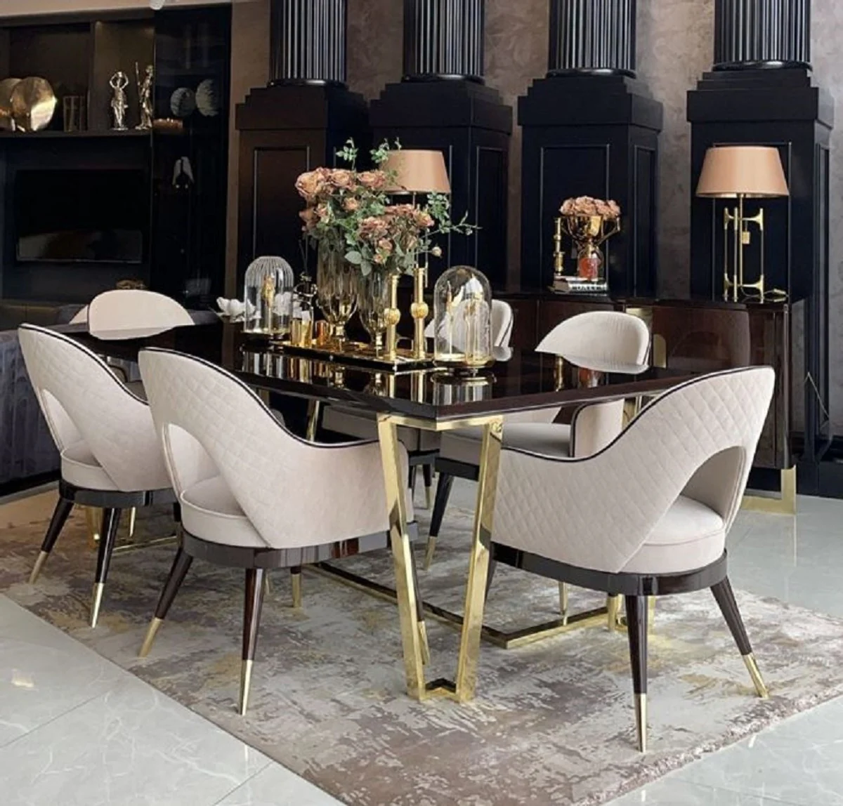 Luxury Art Deco dining chair set of 8 beige / dark brown / gold 58 x 65 x H. 90 cm - Art Deco dining room & restaurant furniture - luxury quality