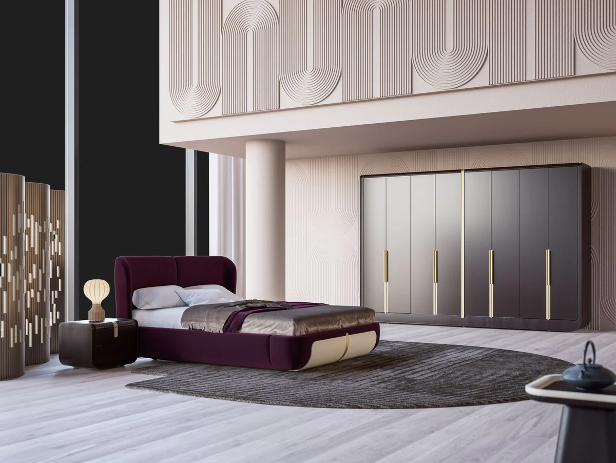 Luxury double bed purple / cream / beige 207 x 225 x H. 110 cm - solid wood bed - bedroom furniture - hotel furniture - luxury furniture - luxury furnishings
