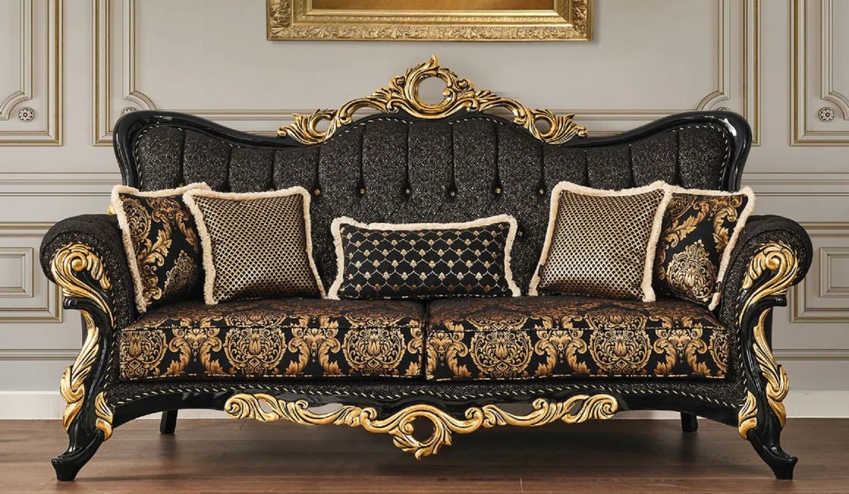 Luxury baroque sofa black / gold 230 x 80 x H. 126 cm - Magnificent living room sofa with elegant pattern and decorative pillows - Baroque living room furniture