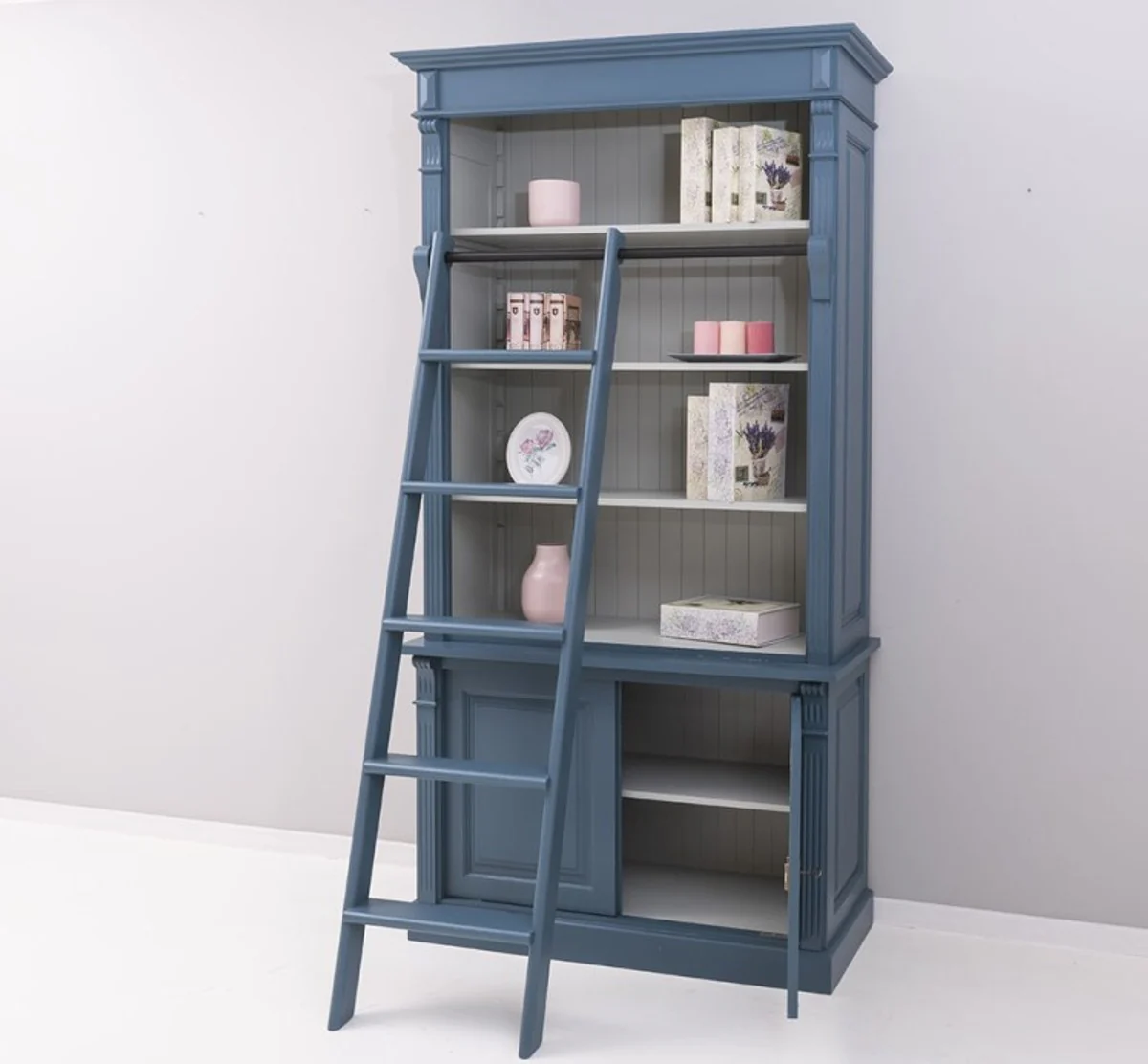 Country house style bookcase with ladder steel blue / gray