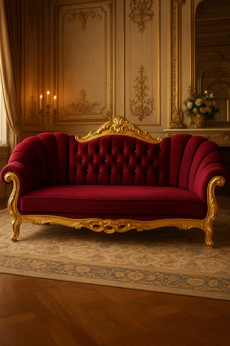 Luxus Barock Samt Sofa mit Glitzersteinen Bordeaux Rot / Gold 230 cm