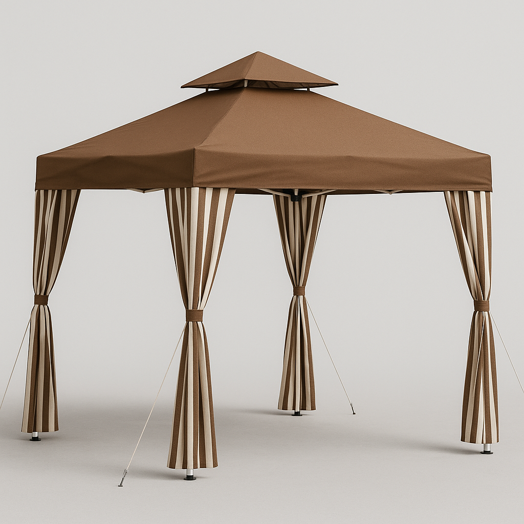 Faltbarer Gartenpavillon (3 x 3 x 3,5 m) mit Doppeldach und Seitenwänden, Stahlrahmen, 160 g/m² Polyester, braun/beige