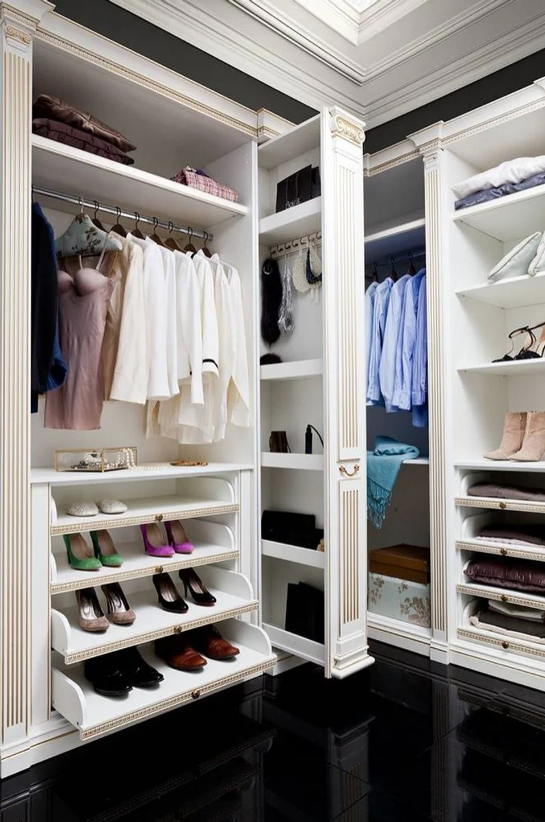 Luxury baroque wardrobe white / gold - open walk-in solid wood wardrobe - elegant bedroom wall unit - hotel furniture - bedroom furniture - luxury quality