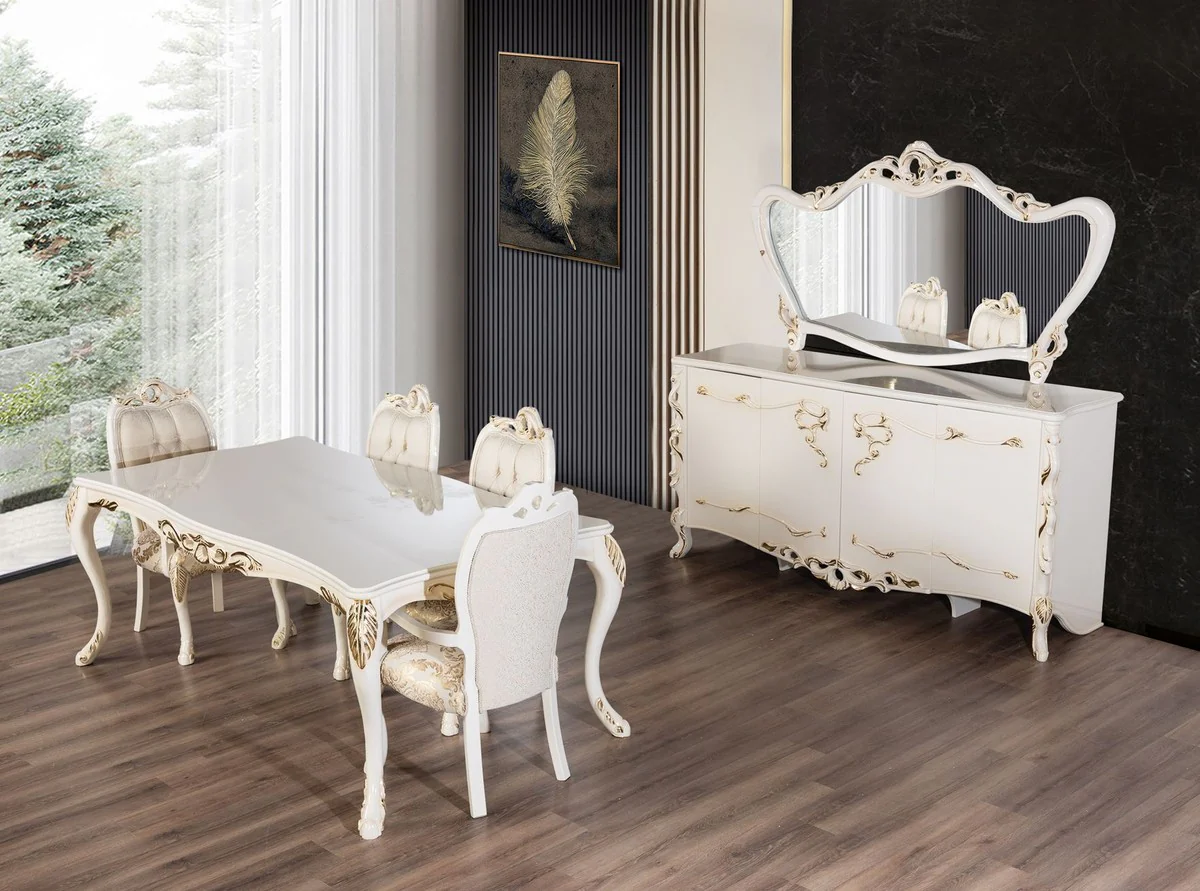 Luxury Baroque Dining Table White / Gold - Rectangular Baroque Style Kitchen Table - Luxury Dining Room Furniture in Baroque Style - Baroque Dining Room Furniture - Baroque Furnishings