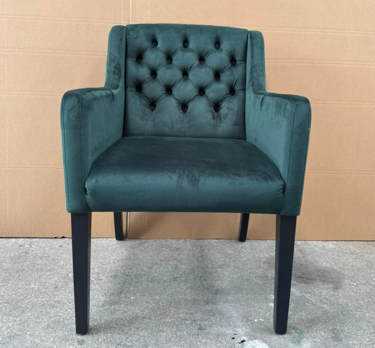 Luxus Chesterfield Esszimmer Stuhl mit Armlehnen Dunkelgrün / Schwarz