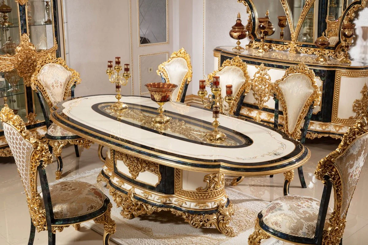 Luxury Baroque Dining Room Chair Set Multicolored / Blue / Gold - Handmade Kitchen Chairs Set of 6 with Elegant Pattern - Baroque Dining Room Furniture - Noble & Magnificent