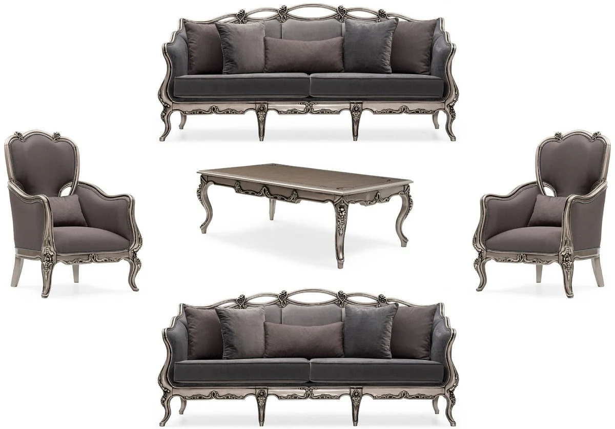 Luxus Barock Wohnzimmer Set Grau / Silber - 2 Barock Sofas & 2 Barock Sessel & 1 Barock Couchtisch - Handgefertigte Wohnzimmer Möbel im Barockstil - Edel & Prunkvoll