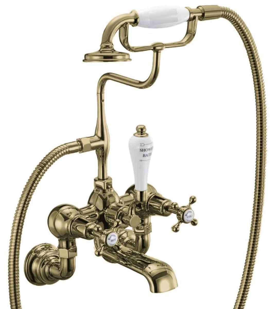 Luxury Art Nouveau surface-mounted bathtub mixer gold / white H. 46.95 cm - Nostalgic brass bathtub mixer with hand shower - Nostalgic bathroom accessories