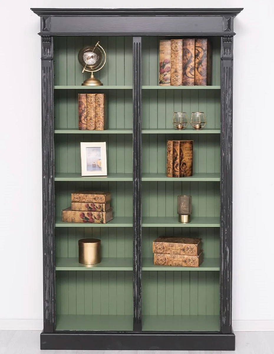 Country house style bookcase antique black / green 120 x 39 x H. 197 cm - solid wood cabinet - shelf cabinet - living room cabinet - office cabinet - country house style furniture