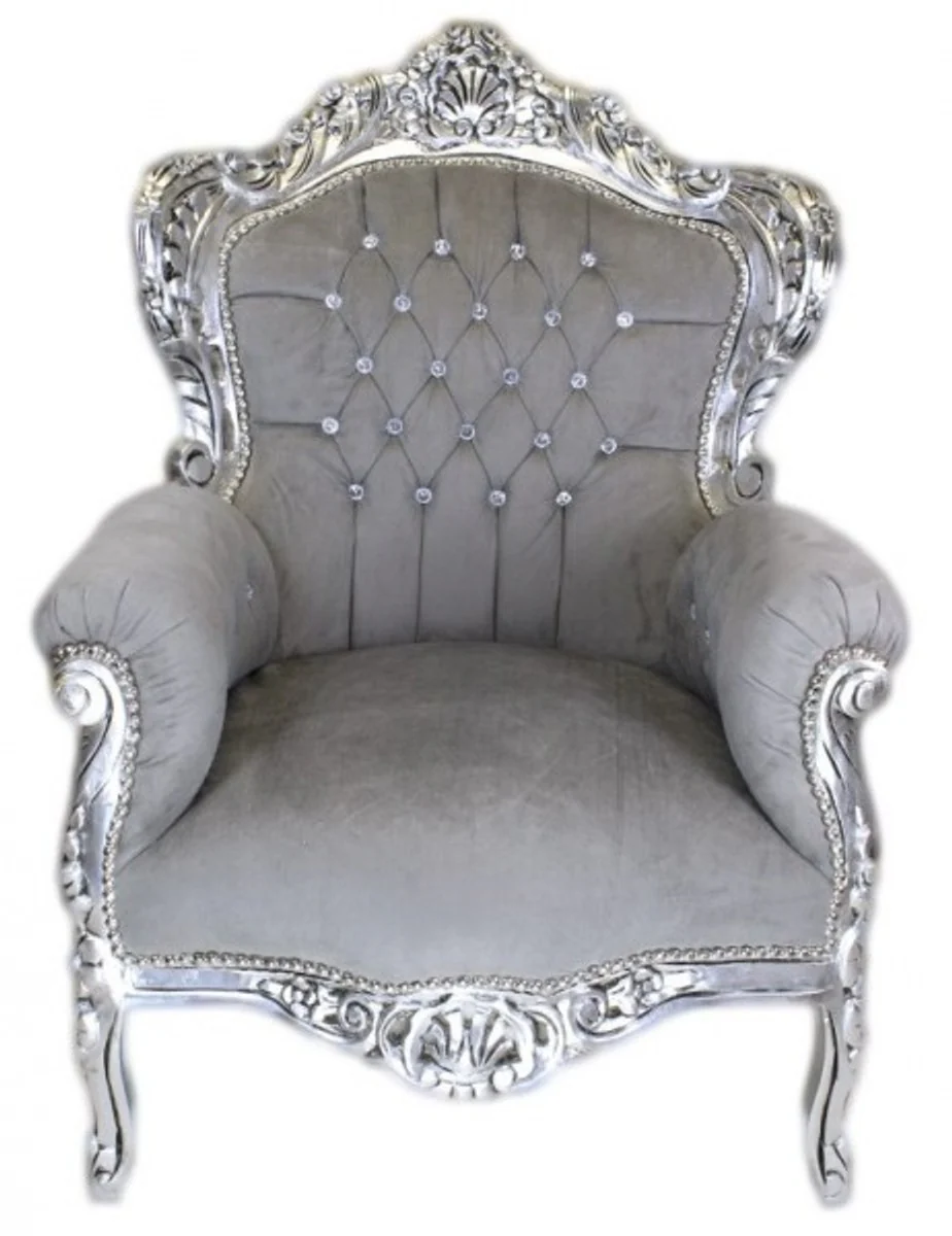 Barock Sessel King Grau / Silber m. Bling Bling Glitzersteinen