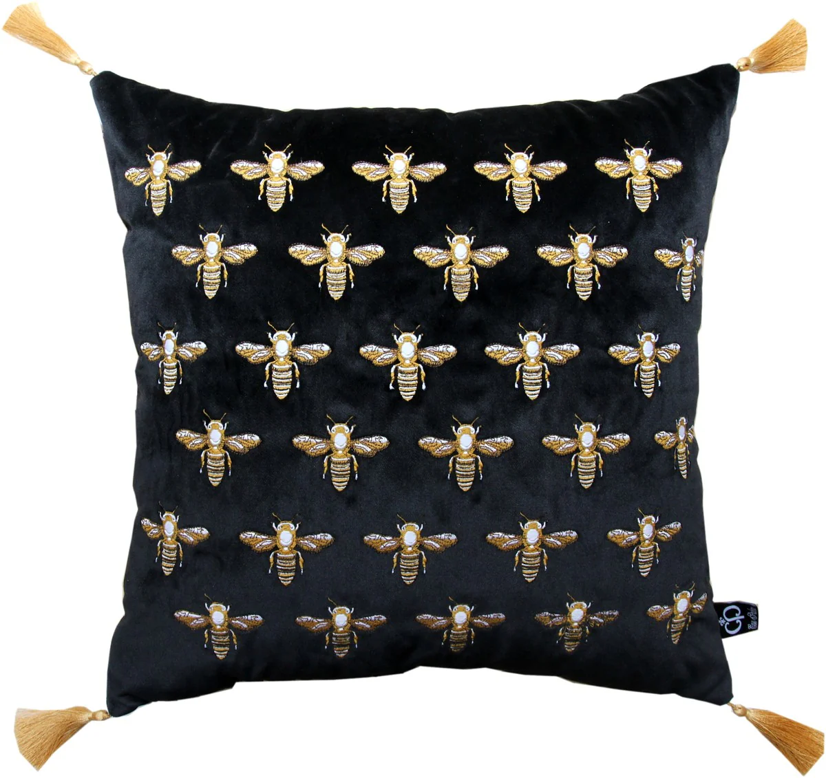 Luxus Deko Kissen mit Troddeln Bees Schwarz / Gold 45 x 45 cm - Feinster Samtstoff - Luxus Deko Accessoires