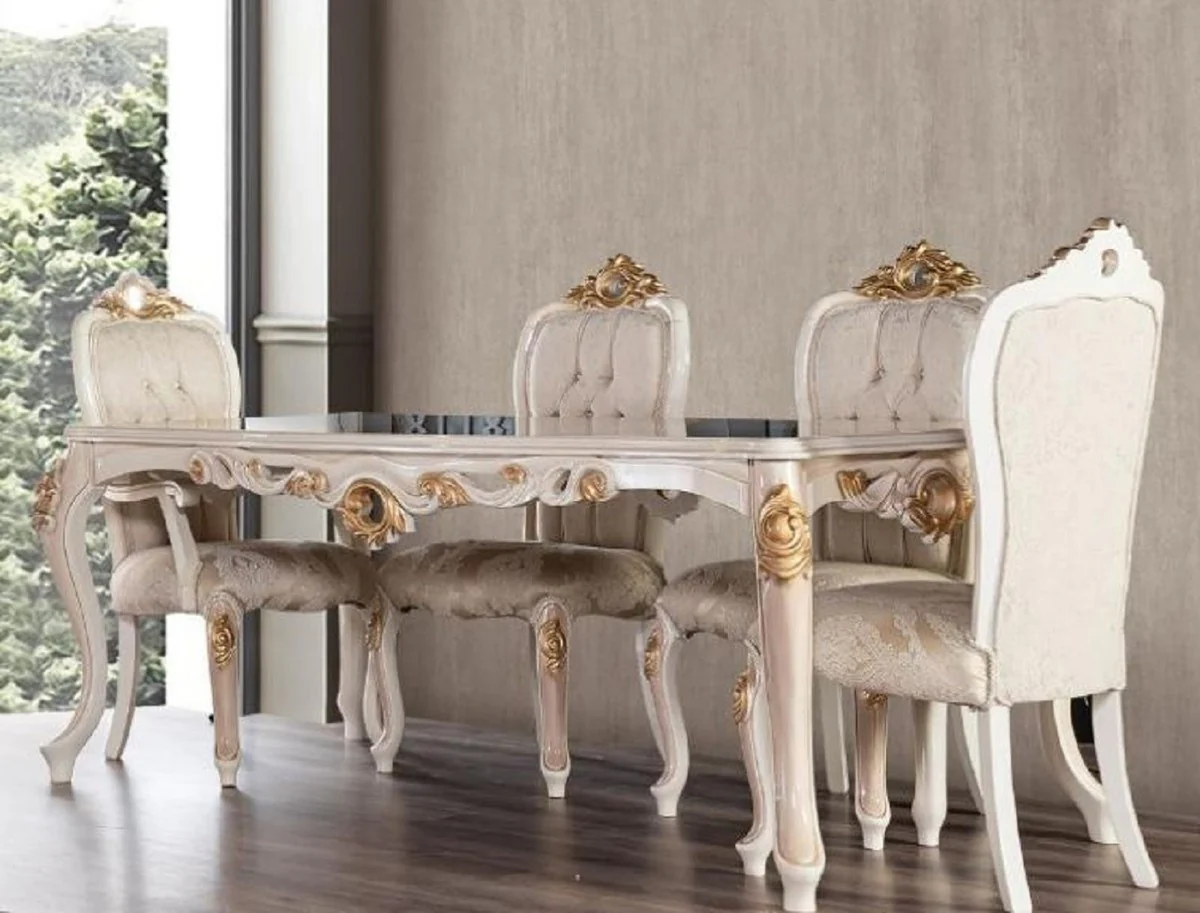 Luxury Baroque Dining Room Set Gray / White / Beige / Gold - 1 Baroque Dining Table & 6 Baroque Dining Room Chairs with Elegant Pattern - Dining Room Furniture in Baroque Style - Noble & Magnificent