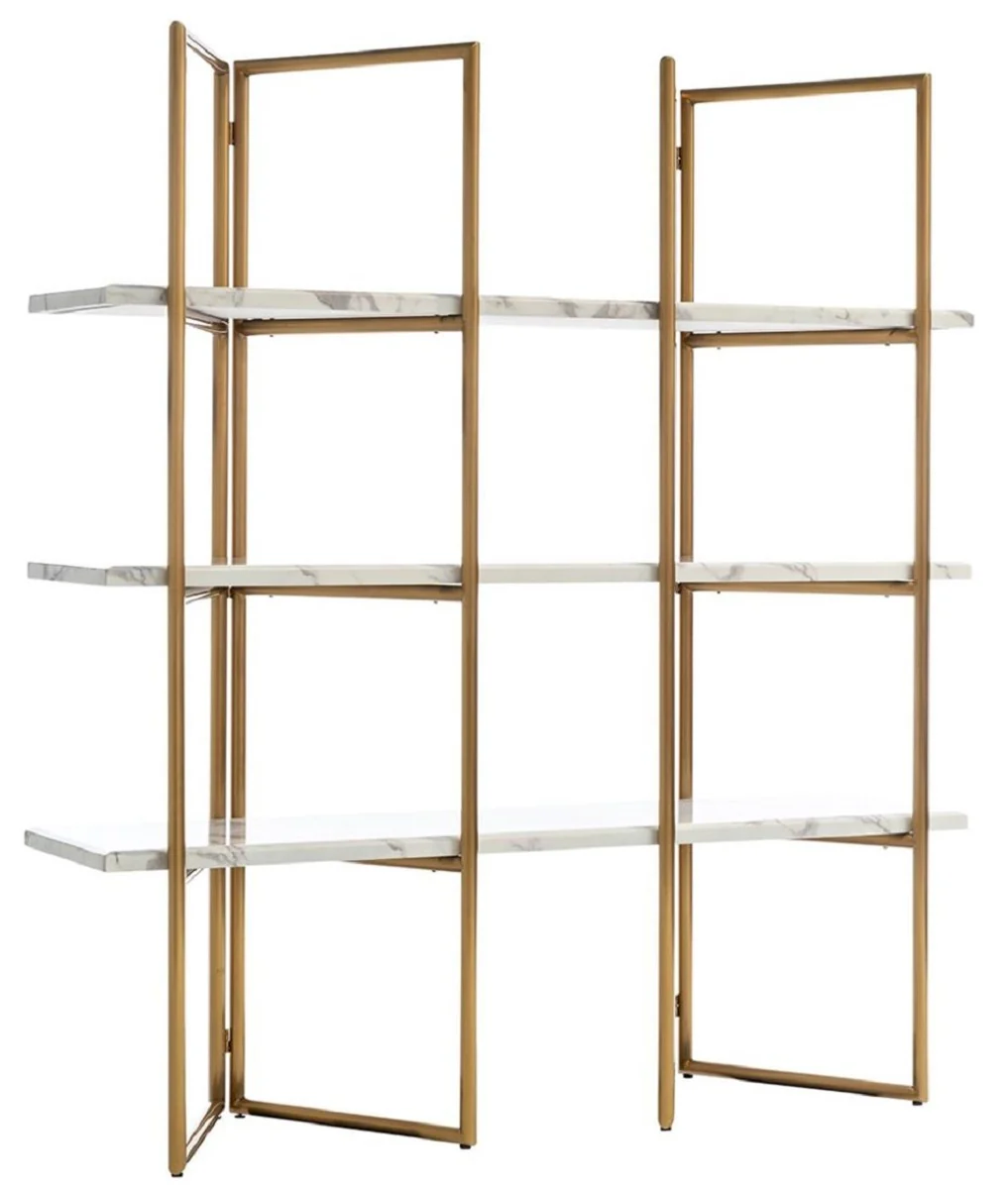 Luxury shelf cabinet gold / white 165 x 46.5 x H. 185 cm - stainless steel cabinet with 3 artificial marble shelves - living room cabinet - bookcase - living room furniture