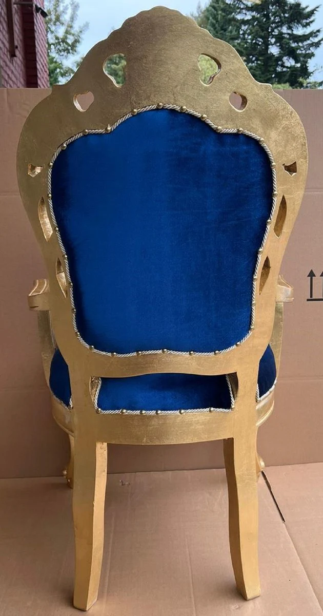 Luxury baroque dining room chair royal blue / gold - handmade baroque style chair with armrests and elegant velvet fabric - dining room furniture in baroque style