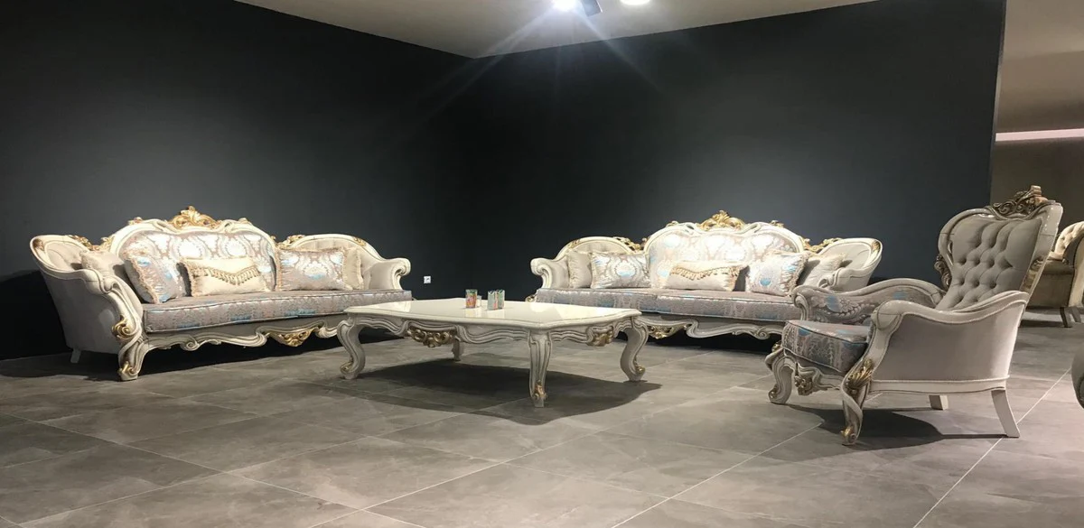 Luxus Barock Wohnzimmer Set Grau / Türkis / Weiß / Gold - 2 Barock Sofas mit Muster & 2 Barock Sessel mit Muster & 1 Barock Couchtisch - Barock Wohnzimmer Möbel