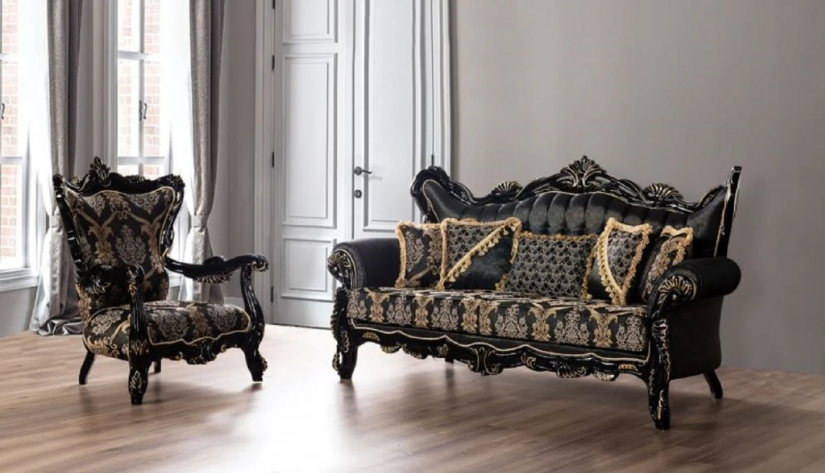 Luxury Baroque Sofa Black / Gold - Magnificent living room sofa with elegant pattern - Baroque living room furniture